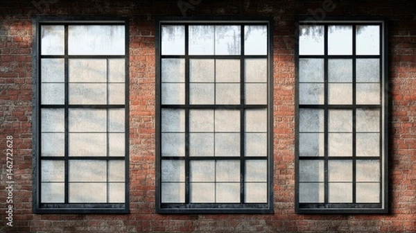 Fototapeta Three windows, brick wall, winter sunlight, industrial interior, design