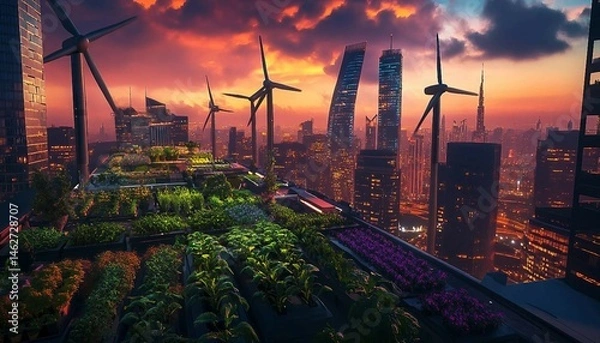 Obraz Urban Rooftop Farm with Wind Turbines, A futuristic urban rooftop farm with sleek wind turbines, lush hydroponic gardens,