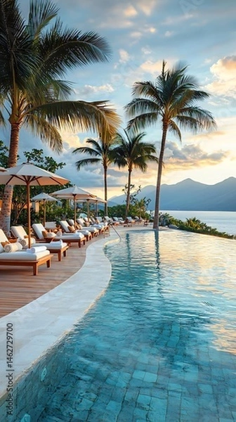 Fototapeta Tropical infinity pool with lounge chairs under palm trees at sunset