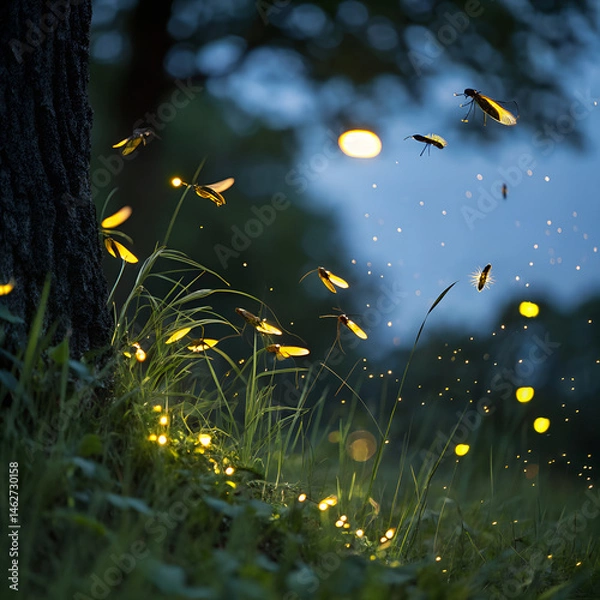 Fototapeta Tiny floating lights resembling fireflies in motion