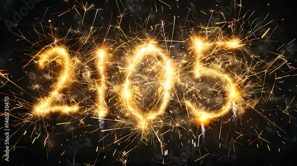 Fototapeta Sparkling 2105 numbers glowing with fireworks on dark background. 