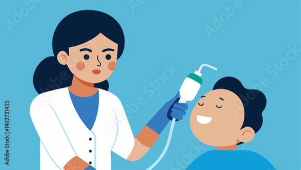 Fototapeta Hydrafacial Treatment An illustration of a doctor using a specialized device to perform a Hydrafacial on a patients skin demonstrating cleansing and exfoliation.
