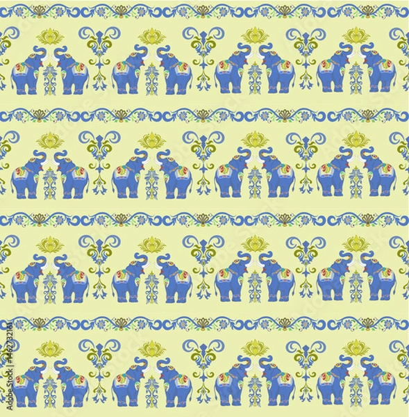 Fototapeta Damask flowers and animals seamless pattern with elephants for fabric and decorative design