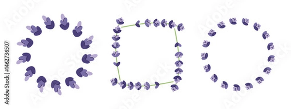 Fototapeta Delicate vector set of lavender wreaths, including round and square frames. Perfect for romantic, nature or spa themed designs, wedding invitations, cosmetic packaging and minimalist botanical decor