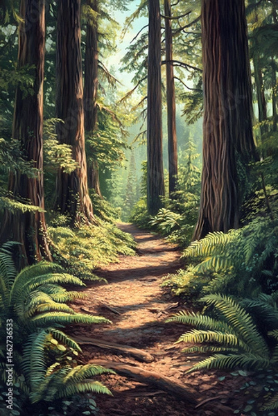 Obraz Tranquil Woodland Pathway: A Journey Through Nature's Serene Beauty Illuminated by Sunlit Leaves