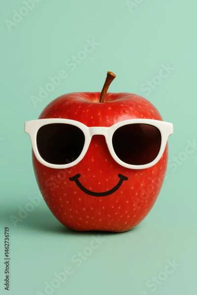 Fototapeta Red apple wearing sunglasses and smiling on turquoise background