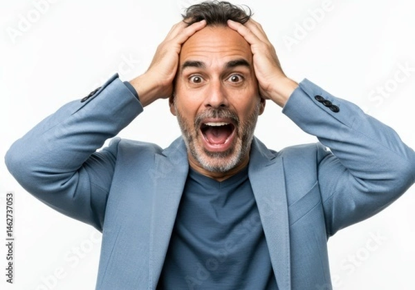 Fototapeta Man in blue suit with hands on head expressing surprise or shock isolated on white background