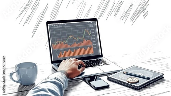 Obraz A hand using a laptop with financial data displayed