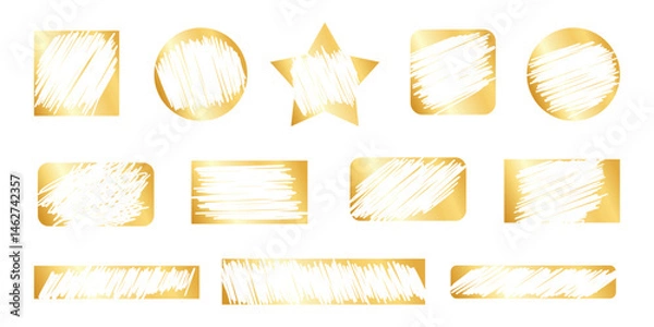 Fototapeta Scratch card lottery on golden badges vector clipart - dry brush scuff paint strokes texture. Smudges blotches streaky rugged charcoal look. Messy grungy ragged ink splats collection.