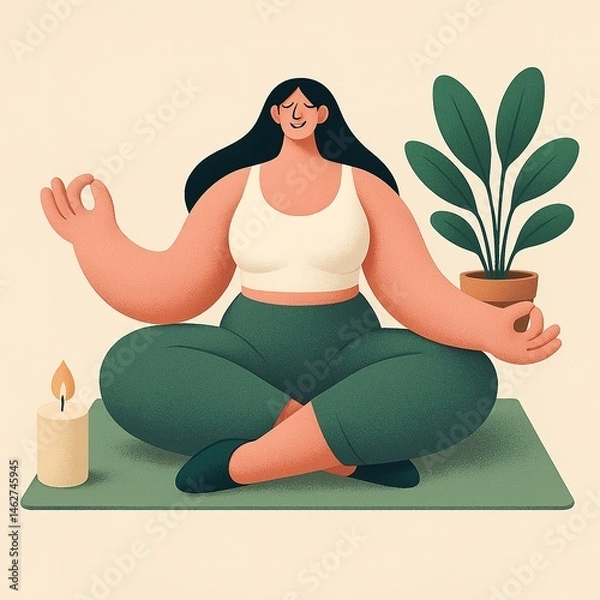 Fototapeta A woman meditates peacefully on a mat, expressing inner balance, mindfulness, and self-care through calm simplicity. Generated AI.
