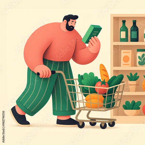 Fototapeta A man shops mindfully for groceries, reading labels and choosing fresh produce to reflect healthy, conscious living. Generated AI.