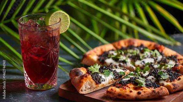 Fototapeta Delicious black squid ink pizza topped with fresh herbs and served with refreshing lime crema alongside vibrant hibiscus iced drink, creating delightful culinary experience