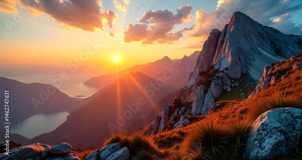 Fototapeta text="Rise and Soar" overlaid on a breathtaking mountain sunrise background with wispy clouds, rugged rocks, and dewy grass. Elegant modern sans-serif font, 48 pt, perfectly centered with ample spacin
