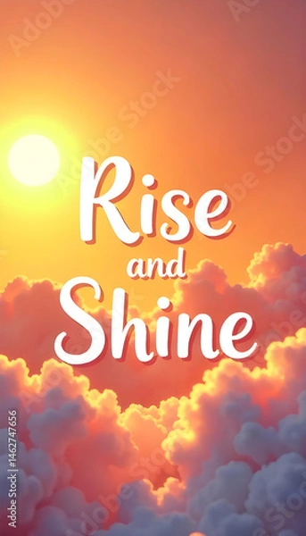 Fototapeta text="Rise and Shine" on a warm sun-lit background with fluffy white clouds and soft orange sunset glow. 