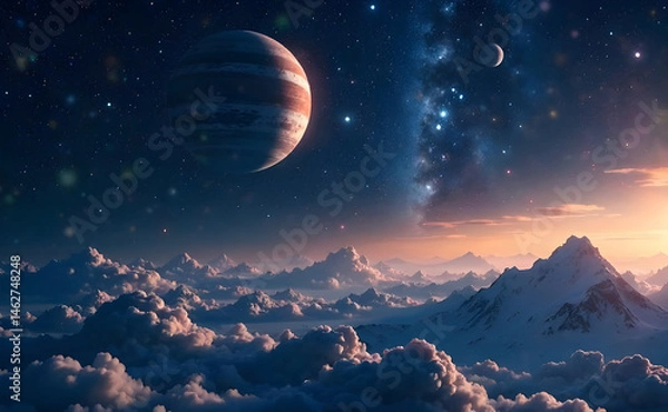 Fototapeta text="Explore the Cosmos" on a distant planetary landscape with stars twinkling in space