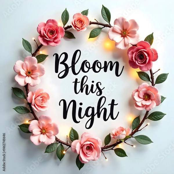 Fototapeta text="Bloom This Night"  on a delicate floral wreath background with intricately curved petals and tiny string lights. Beautiful script font, 48 pt, perfectly centered with generous spacing and soft w