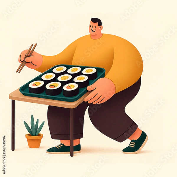 Fototapeta A man eats sushi with chopsticks, celebrating mindful eating and cultural appreciation through stylized simplicity. Generated AI.