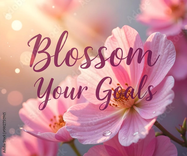 Fototapeta text="Blossom Your Goals" on a pastel-hued floral petal background with delicate swirling patterns and light sprinkle of dew. Elegant modern sans-serif font, 72 pt, perfectly centered with balanced tr