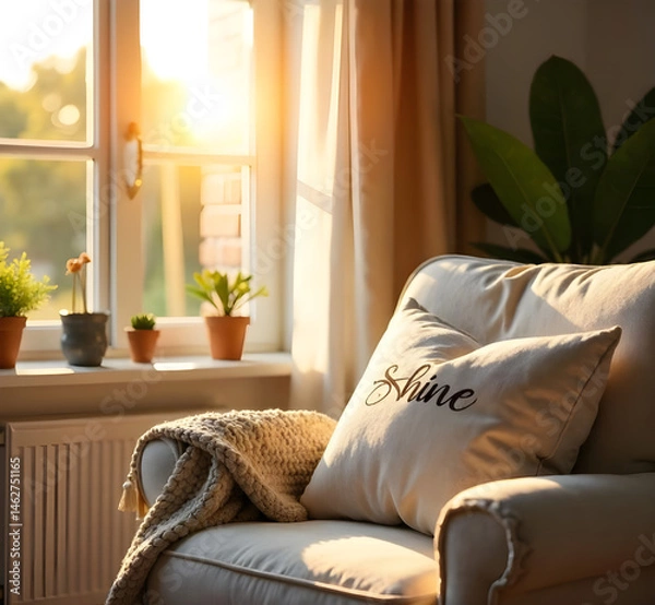 Fototapeta on a warmly sunlit living room background with natural light pouring in through an open window, highlighted by the morning sun's rays, where fluffy pillows and comfortable blanket adorn a cozy armchai
