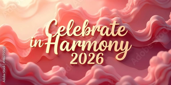 Fototapeta text="Celebrate in Harmony 2026" on a background of intricately intertwined paper lanterns with wispy smoke swirling through the air. Elegant sans-serif font, 72 pt, centered with balanced spacing and