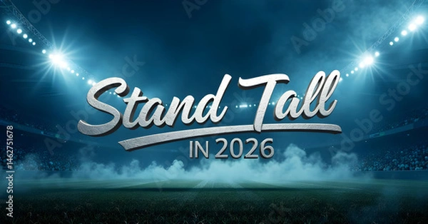 Fototapeta text="Stand Tall in 2026" on a minimalist sports stadium background with a few wisps of fog and subtle stadium lighting. 