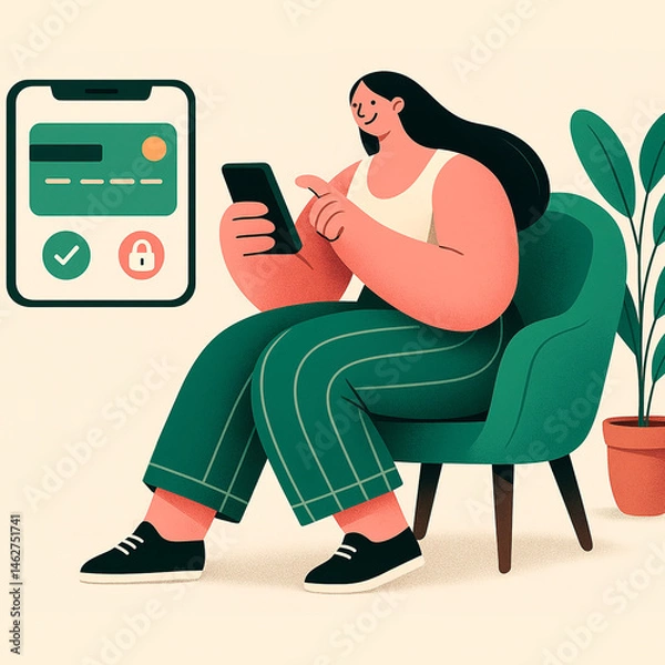 Fototapeta A woman uses her phone for secure online payment, reflecting digital ease and confidence in modern technology. Generated AI.