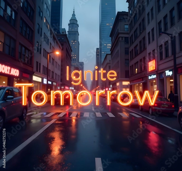 Fototapeta text="Ignite Tomorrow" on a modern city street background at dawn with a warm misty atmosphere and subtle neon lights. 