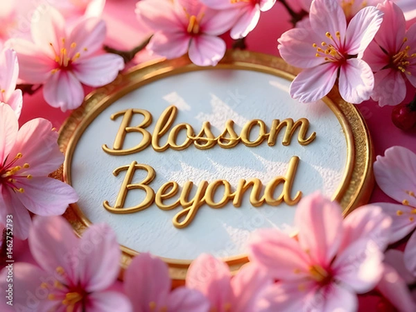 Fototapeta text="Blossom Beyond" - vibrant cherry blossoms surrounding a delicate, white-golden engraved wooden board - Geometric Sans font, 48 pt, 25° left-aligned with dynamic tracking and soft glow effect. So