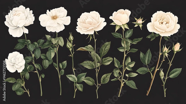 Fototapeta Antique rose varieties botanical study featuring delicate white blooms and lush green foliage. composition showcases various stages of growth, evoking sense of elegance and nostalgia