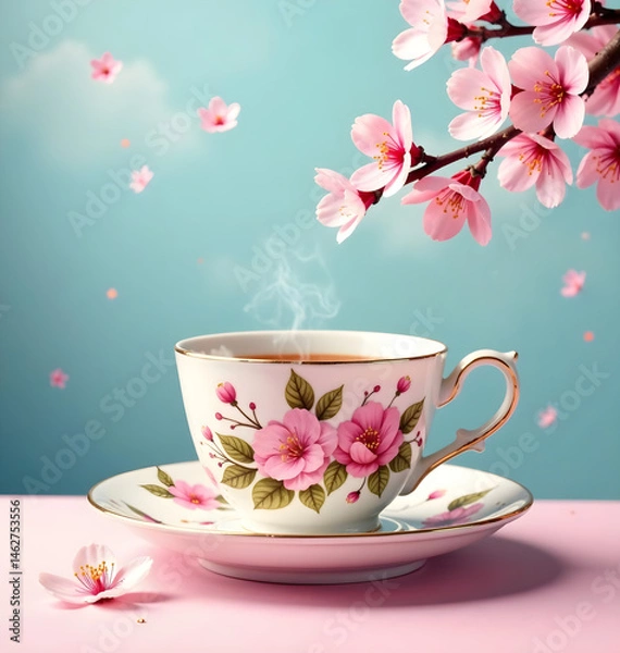 Fototapeta Scene Composition: A delicate, hand-painted tea cup and saucer setup, featuring an intricately floral design and subtle watercolor effects, set against a serene dawn sky with wispy clouds, a few scatt