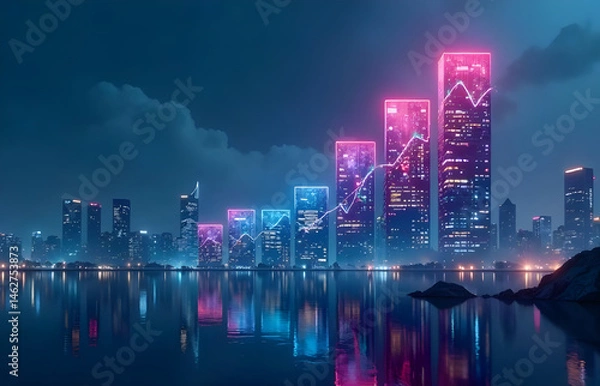 Fototapeta Scene Composition: A modern minimalist cityscape background composed of layered screens displaying ascending data charts and city skyscrapers; strategically placed bright neon lights emanate upwards, 