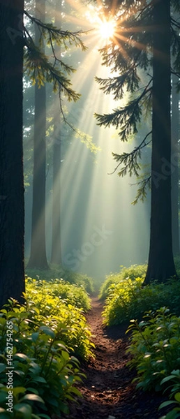 Fototapeta on a serene and misty forest background with sunlight peeking through the trees. 