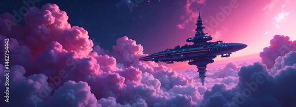 Fototapeta Scene Composition:  Vibrant purple nebulosa clouds swirling around a futuristic space station with an old-style space map projection on the exterior surface and neon-stitched constellations. 