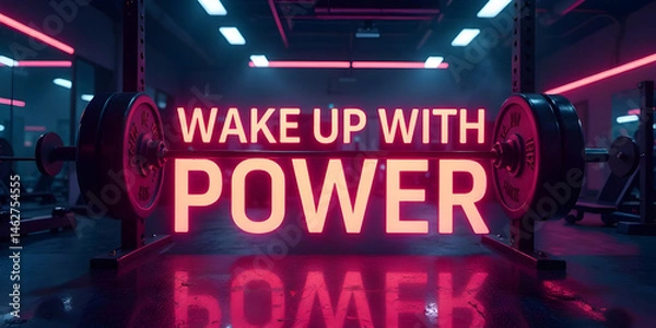 Fototapeta text="Wake Up with Power" on a dark, sleek gym equipment background with neon-lit strips and fog. 