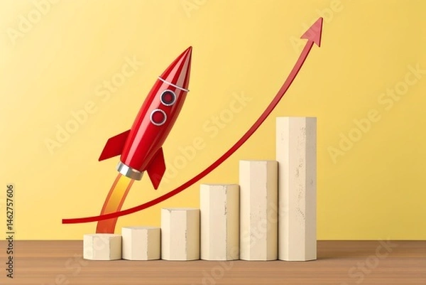 Fototapeta Business growth and success concept featuring a red rocket taking off and a rising bar chart