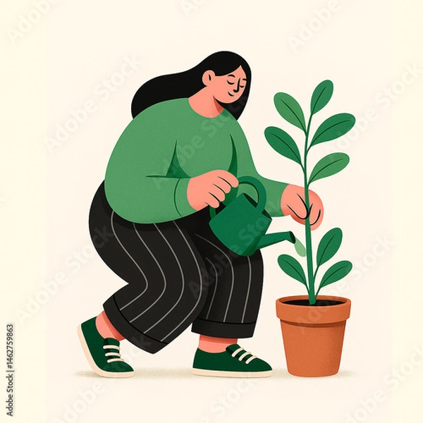 Fototapeta A woman waters a potted plant, reflecting care, patience, and growth through everyday mindful actions. Generated AI.