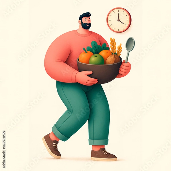 Fototapeta A man carries a bowl of fresh produce, symbolizing mindful eating and balanced lifestyle through food and time. Generated AI.