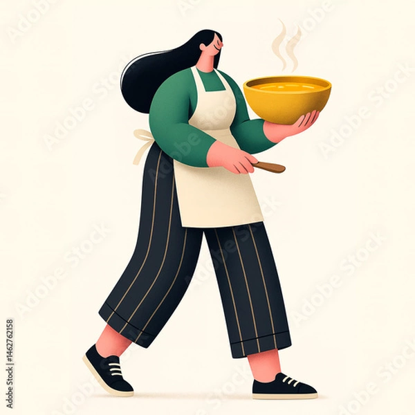 Fototapeta A woman in an apron walks while holding a steaming bowl of soup and a spoon.