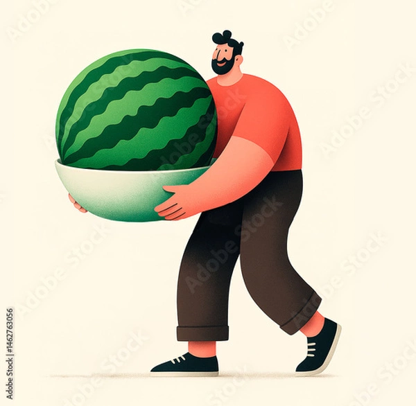 Fototapeta A smiling man carries an oversized watermelon in a large bowl. Generated AI.