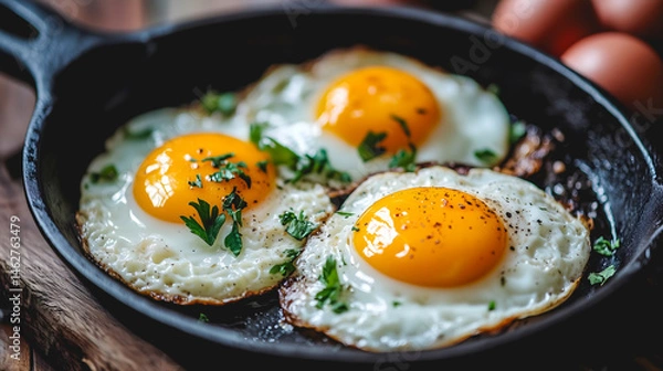 Obraz Des œufs au plat brillants cuisent dans une poêle en fonte, entourés de persil frais. La cuisson met en valeur les jaunes jaunes et la texture des blancs.