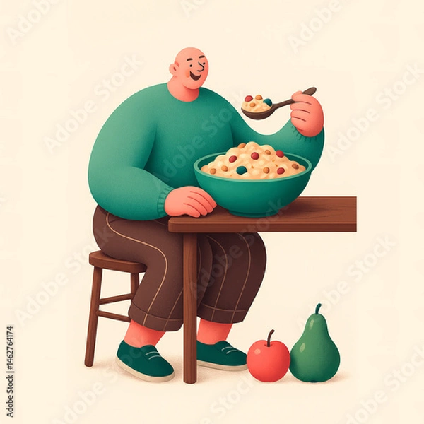 Obraz A smiling man enjoys cereal at a table with an apple and pear on the floor nearby. Generated AI.