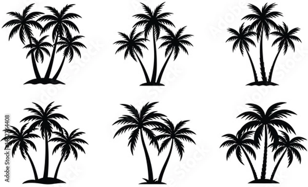 Obraz Collection of six black and white silhouette palm tree illustrations for tropical summer themes