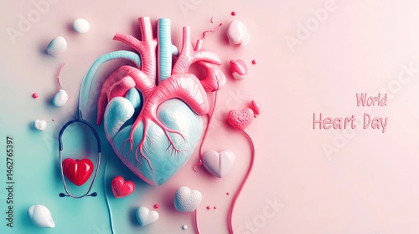 Obraz Anatomical heart shape and stethoscope on pink background. World Heart Day