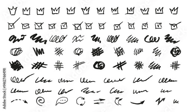 Fototapeta Seventy-five doodles of various shapes and sizes. Handwritten crowns, squiggly lines, arrows and more. Vector set