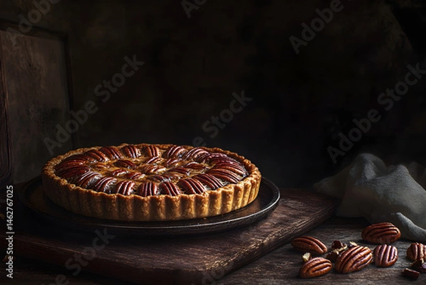 Obraz Richly Baked Pecan Pie on Rustic Wooden Table: A Holiday Dessert Classic