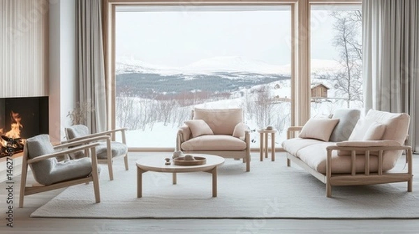 Fototapeta Modern living room with floor-to-ceiling windows and wood furniture in front of snowy mountains