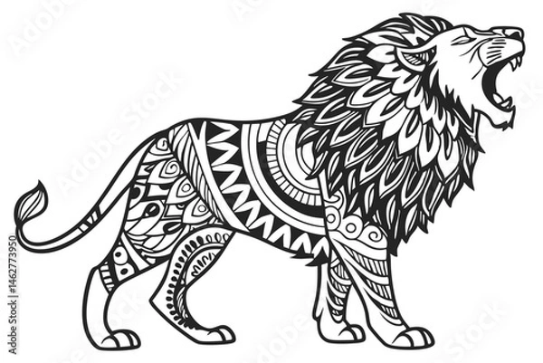 Obraz 74 Intricate lion illustration, zentangle style, black and white, detailed patterns, ornate design, geometric shapes, line art, tribal motifs, majestic pose, roaring lion, animal art, abstract wildlif