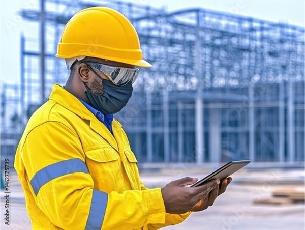 Fototapeta Construction worker using digital tablet