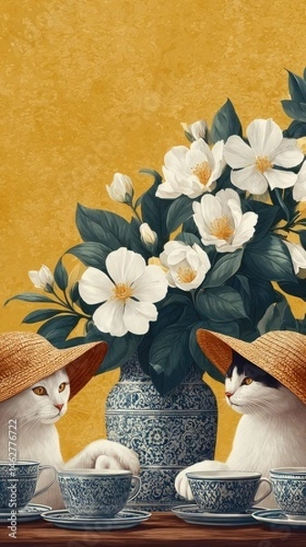 Fototapeta Cats enjoying tea time with beautiful flowers.