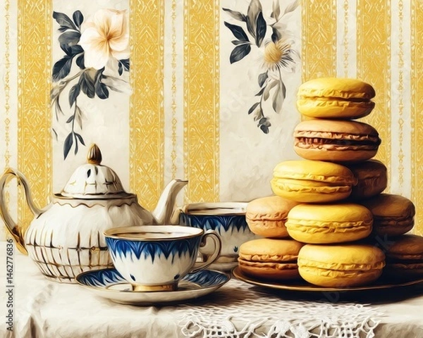 Fototapeta Elegant tea setting with colorful macarons.